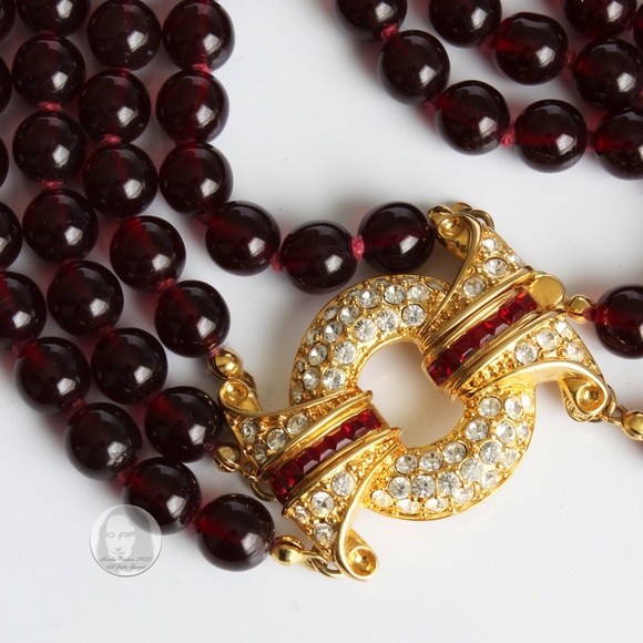 Nolan Miller Necklace Multistrand Red Glass Beads Rhinestones Clasp Vintage 80s - Picture 5 of 10